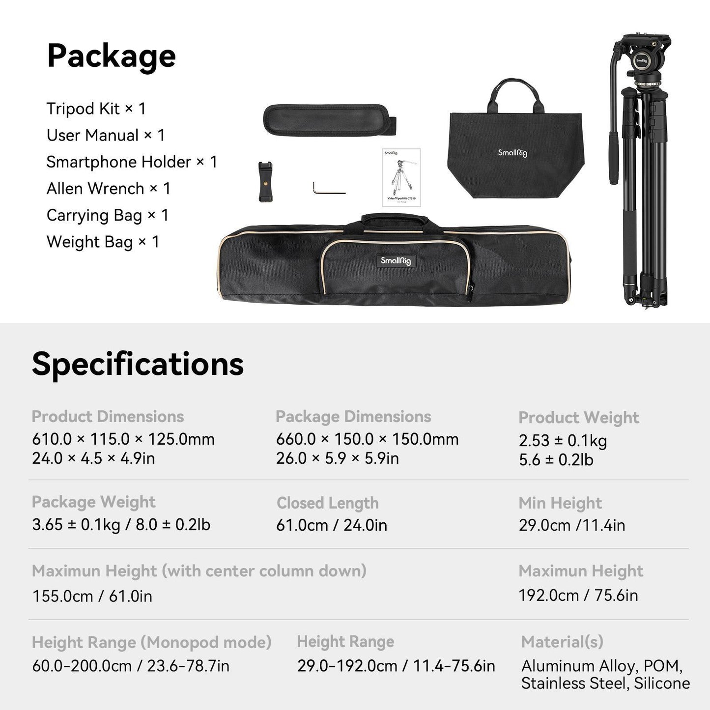 SmallRig CT210 Video Tripod with Fluid Head and Reversible Center Column