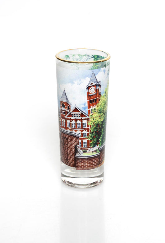 2oz shot glass with gold rim with Samford Hall detailed artwork