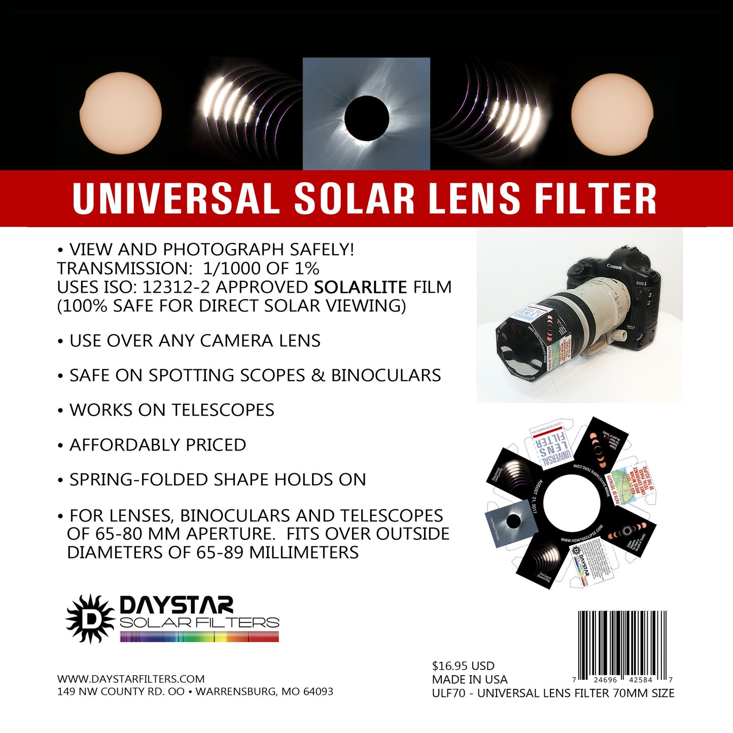 Daystar Solar Filter - Universal Solar Eclipse Filter 70mm