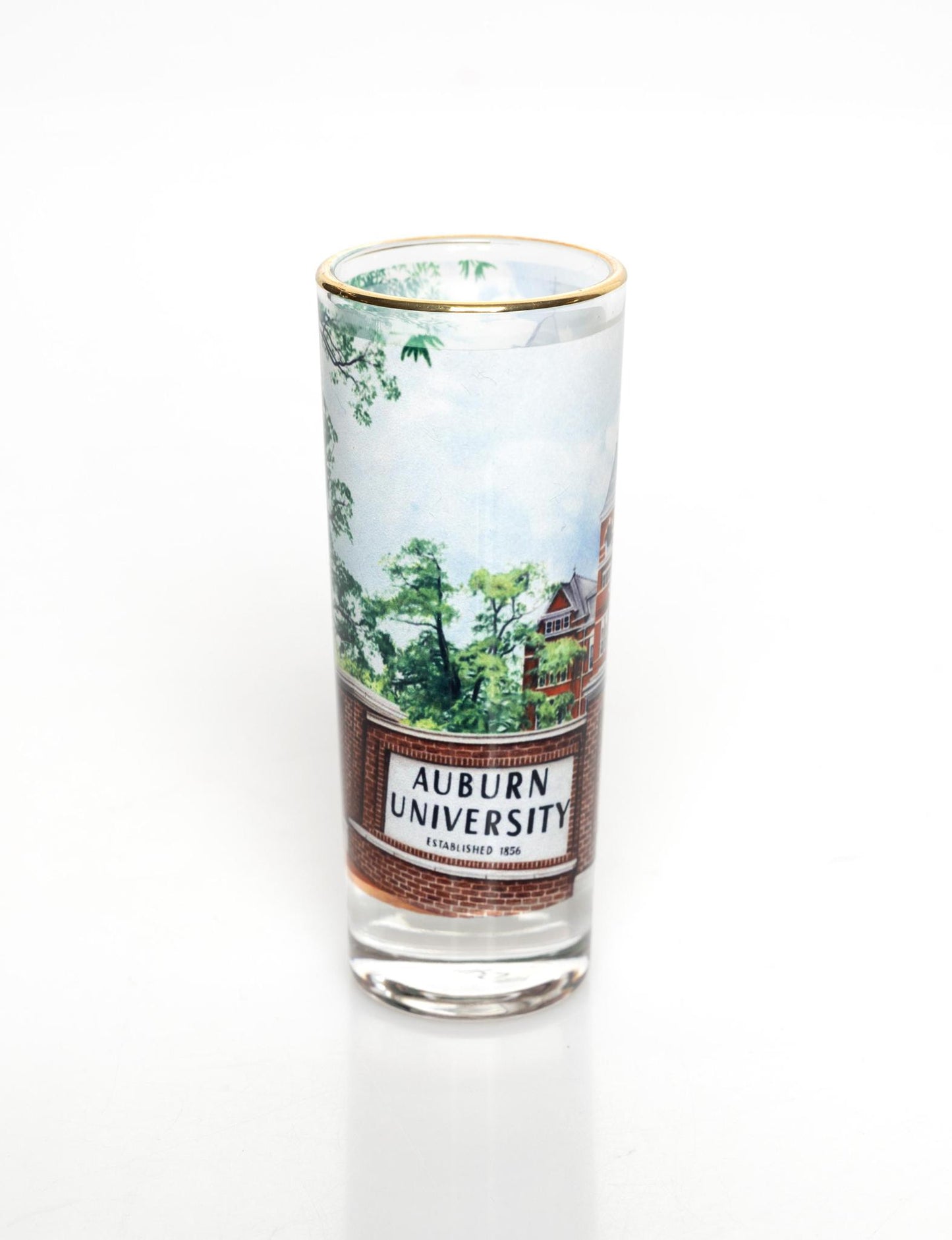 2oz shot glass with gold rim with Samford Hall detailed artwork