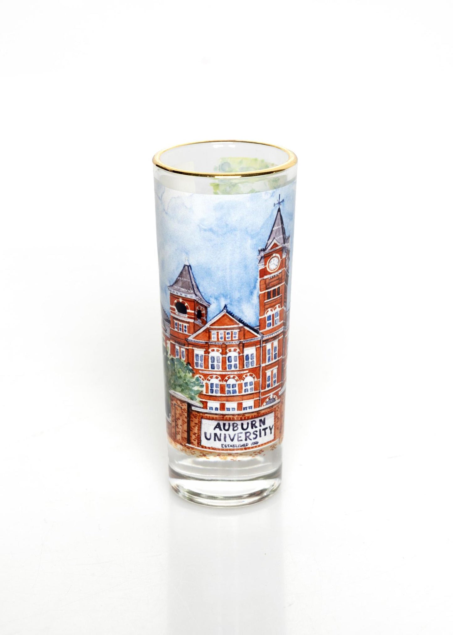 2oz Samford Hall Watercolor shot glass with gold rim